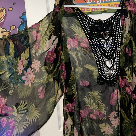 FLORAL TROPICAL MESH SEE-THROUGH KIMONO PONCHO CARDIGAN BOHO SWIMSUIT COVER - Picture 4 of 7